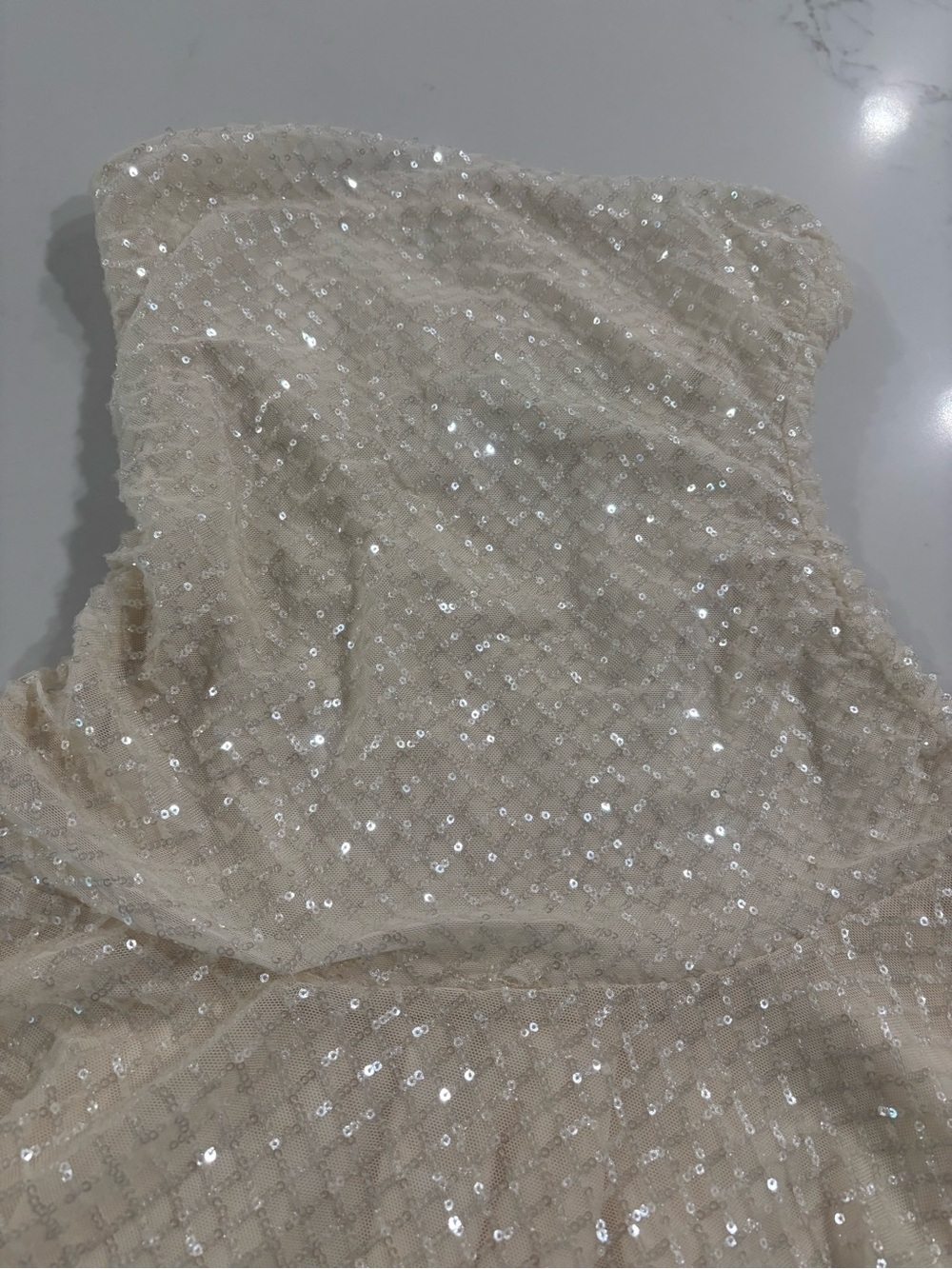 Stella Laguna Beach Strapless Sequin Prom Dress in Champagne